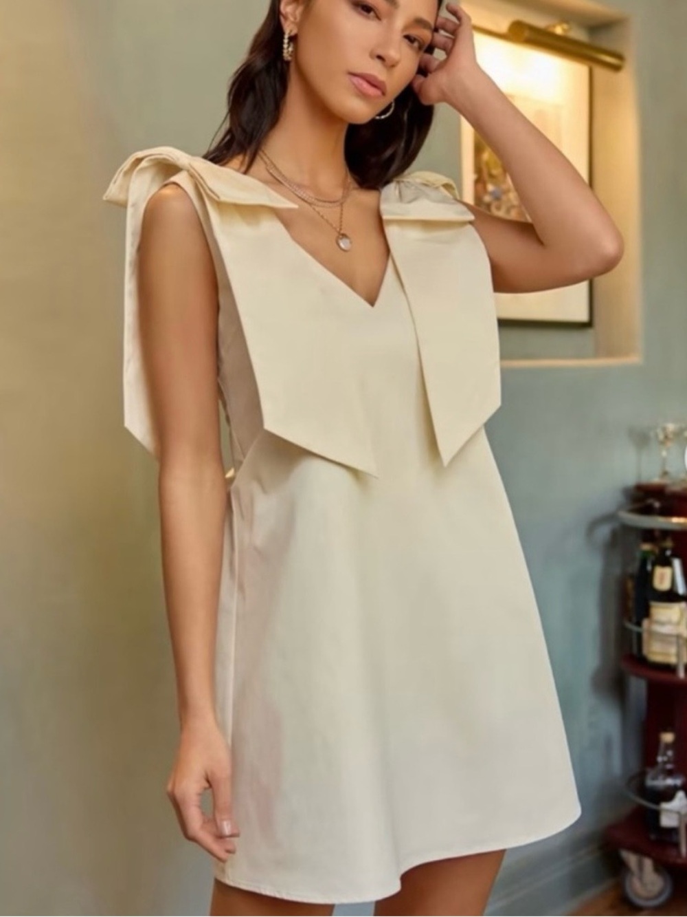 NWOT FORE Tie-Shoulder V-Neck Mini Dress in Ivory/Cream